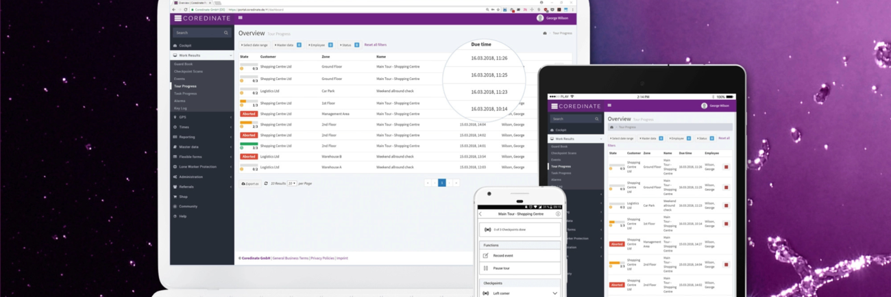 Example screens of COREDINATE software on different devices
